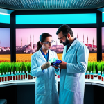 **

A vibrant, futuristic lab scene in Istanbul, Turkey. Scientists in lab coats are working with glowing vials and holographic displays, visualizing synthetic biology concepts. In the background, a cityscape blends with fields of genetically modified crops. The overall mood is hopeful but cautious, emphasizing both the promise and potential risks of synthetic biology.

**