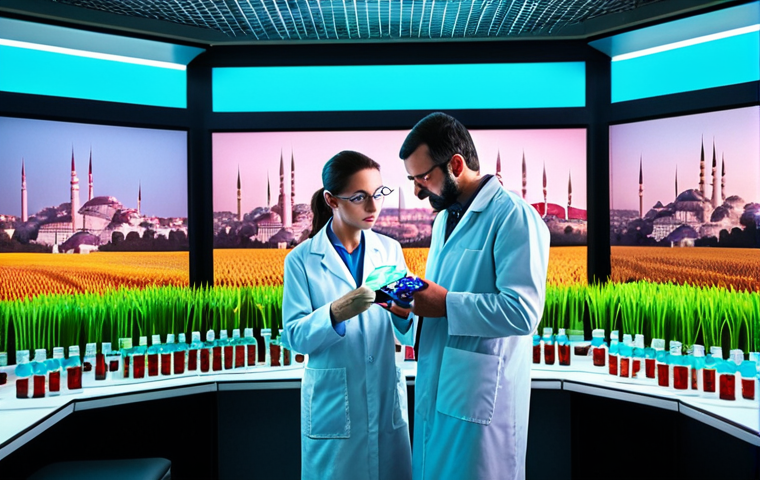 **

A vibrant, futuristic lab scene in Istanbul, Turkey. Scientists in lab coats are working with glowing vials and holographic displays, visualizing synthetic biology concepts. In the background, a cityscape blends with fields of genetically modified crops. The overall mood is hopeful but cautious, emphasizing both the promise and potential risks of synthetic biology.

**